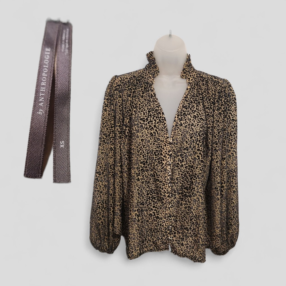 By Anthropologie Sheer Velvet Leopard Animal Print Ruffled V-Neck Blouse Top XS